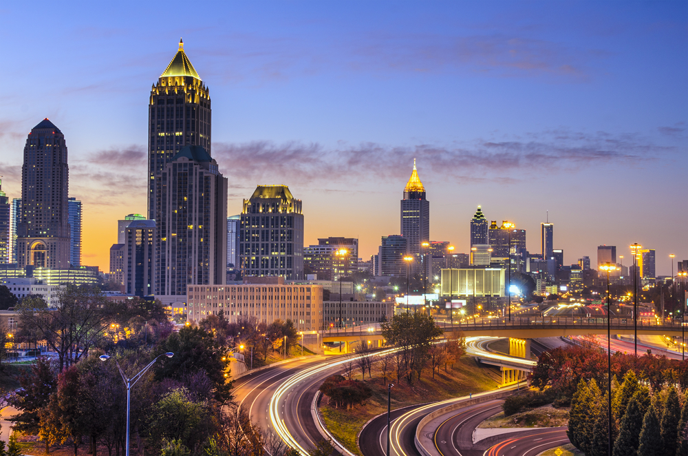 Atlanta,,Georgia,Downtown,Skyline,At,Sunrise.